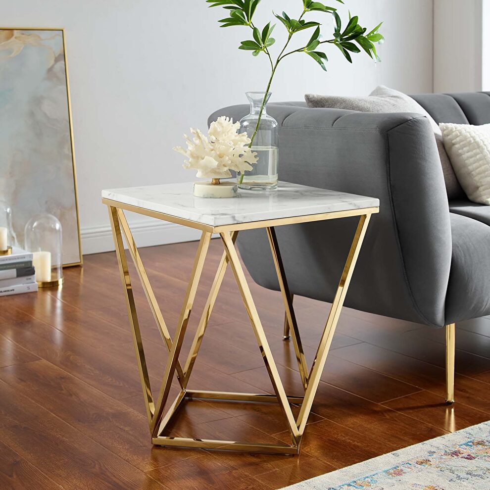 Gold metal stainless steel end table in gold white by Modway
