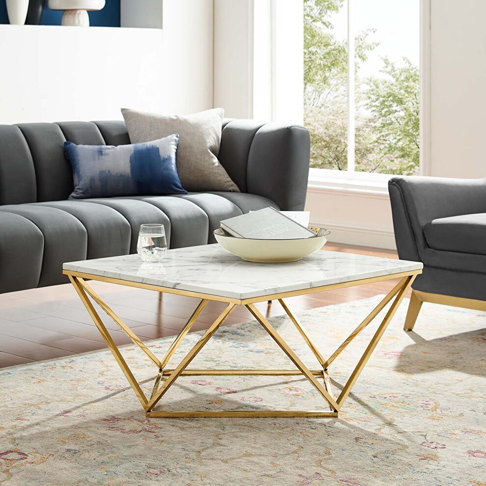 Gold metal stainless steel coffee table in gold white by Modway