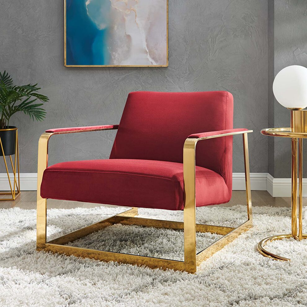 Performance velvet accent chair in gold maroon by Modway