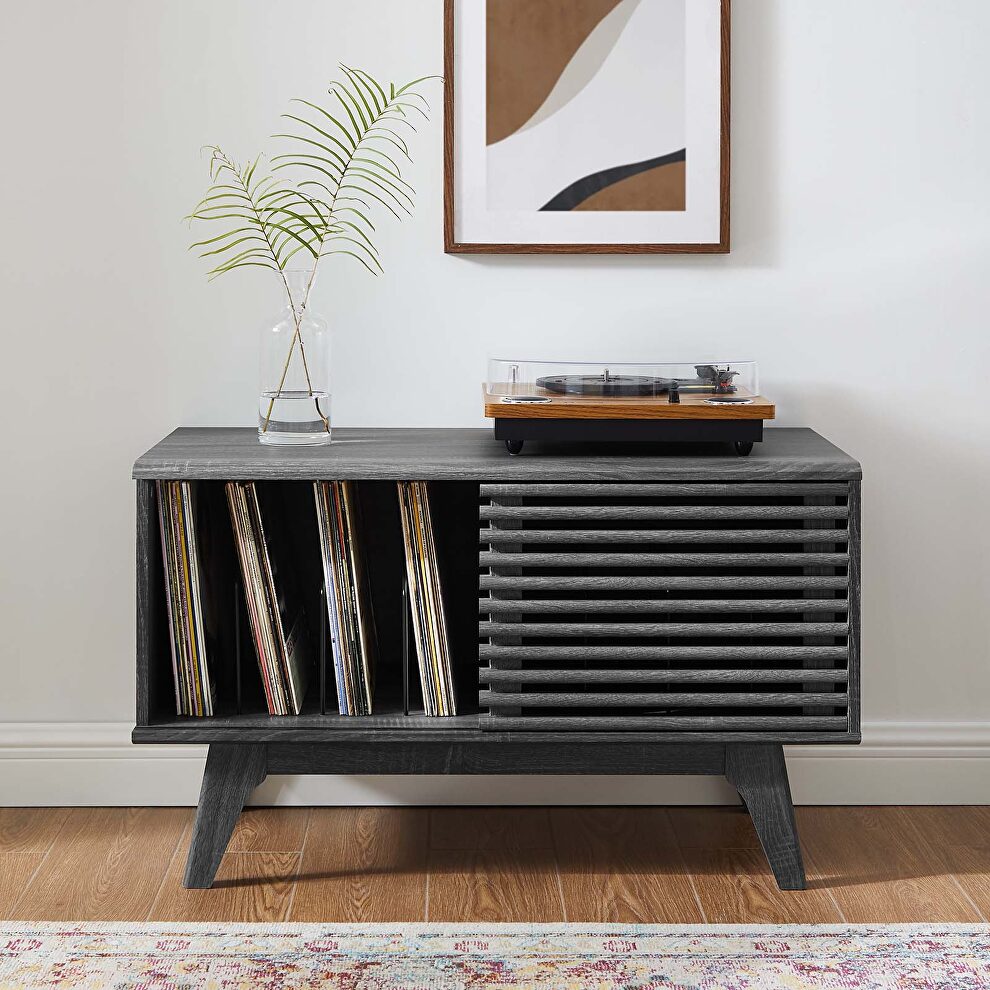 Vinyl record sliding slatted door display stand in charcoal by Modway