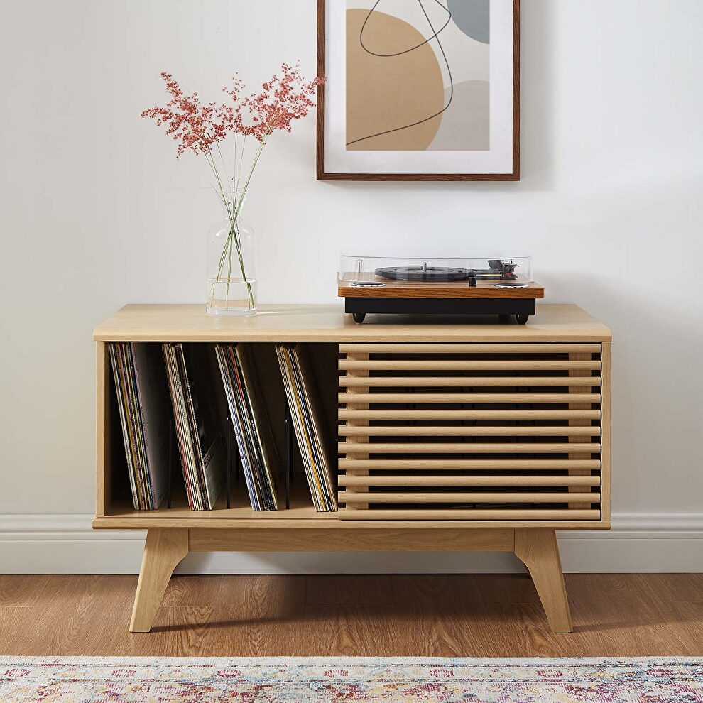 Vinyl record sliding slatted door display stand in oak by Modway