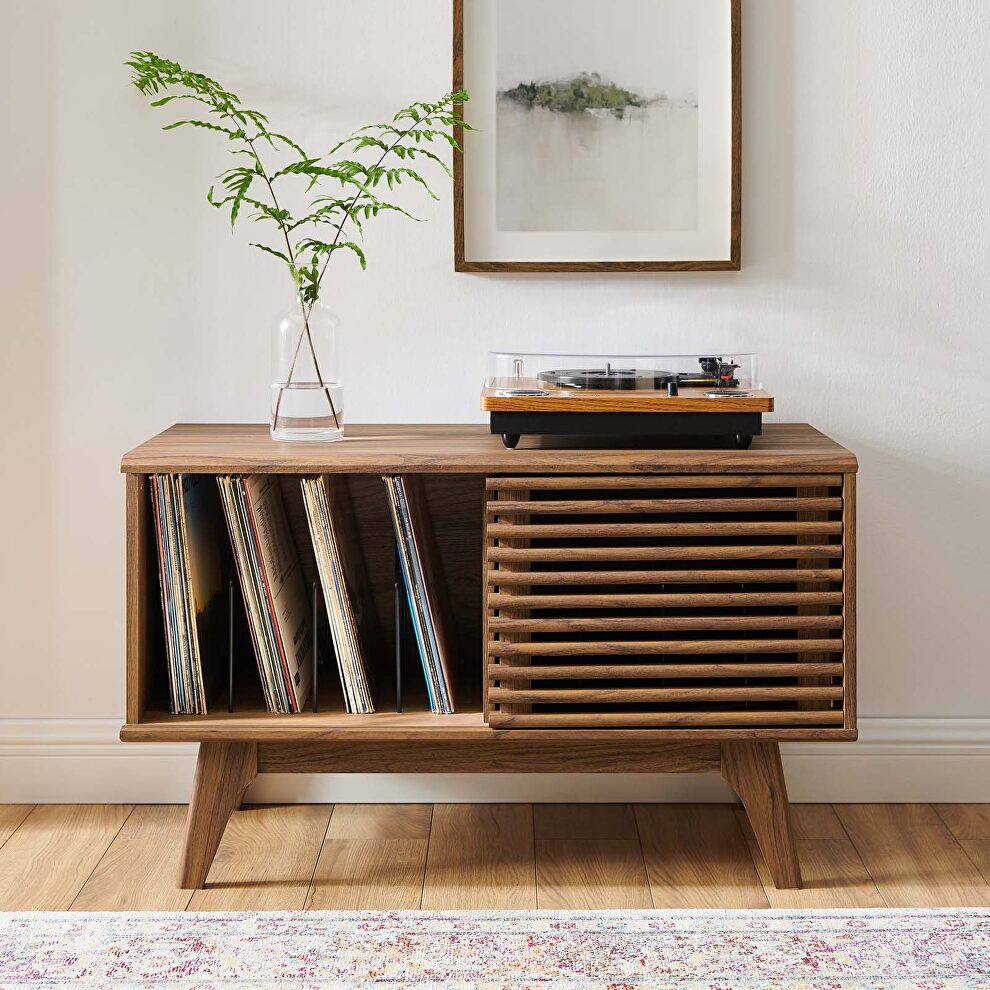 Vinyl record sliding slatted door display stand in walnut by Modway