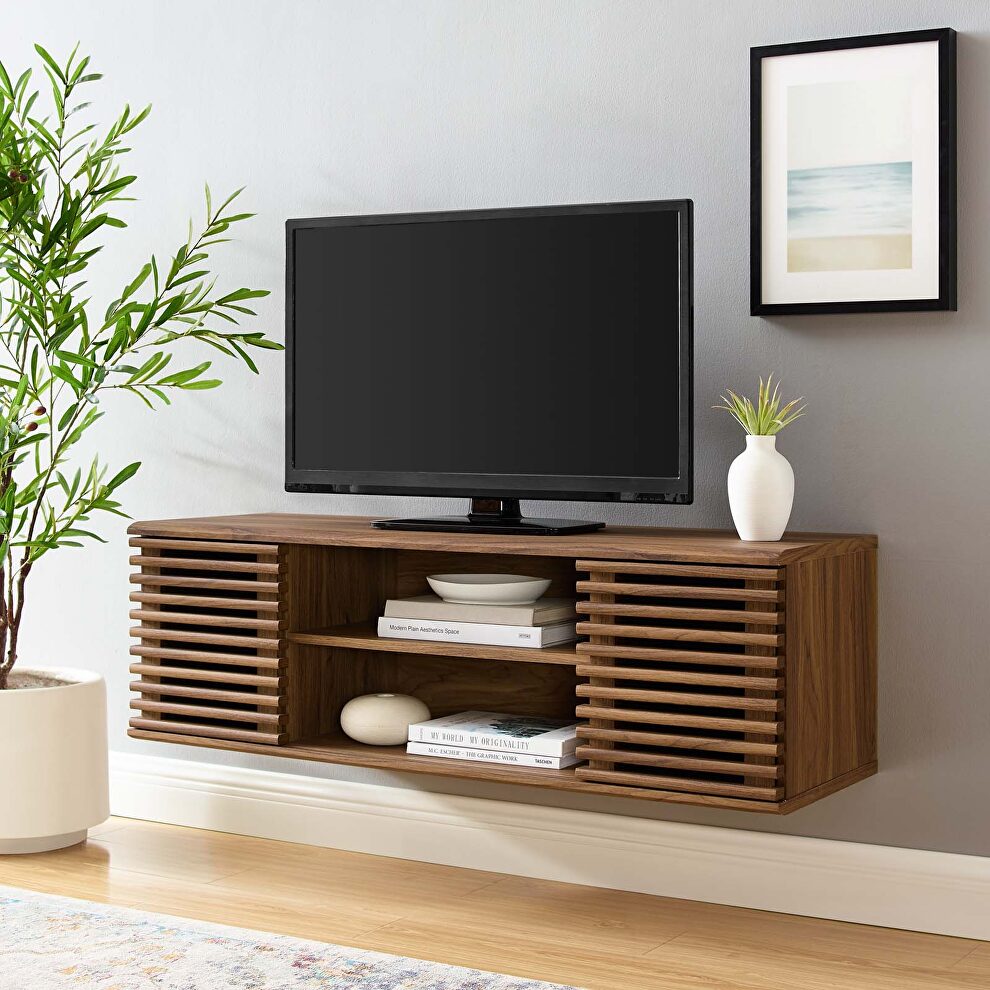 Wall-mount media console TV stand in walnut by Modway