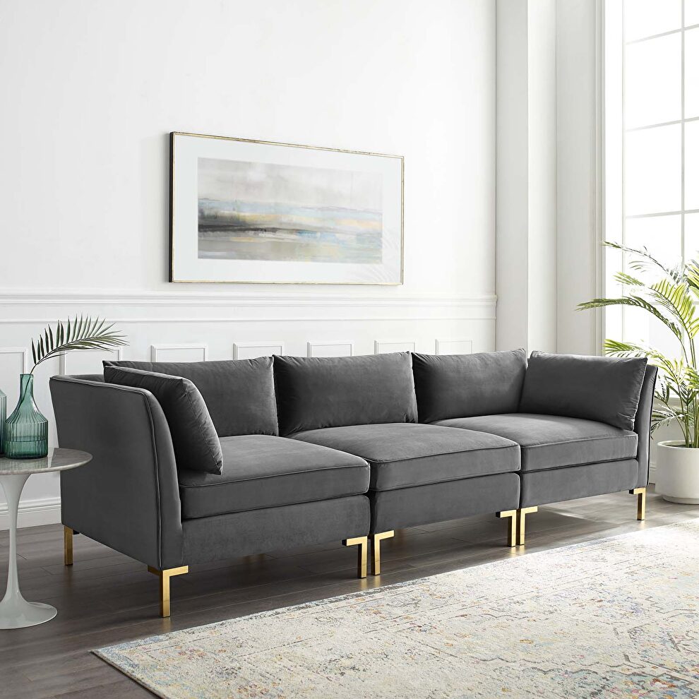 Performance velvet upholstery sectional sofa in gray by Modway