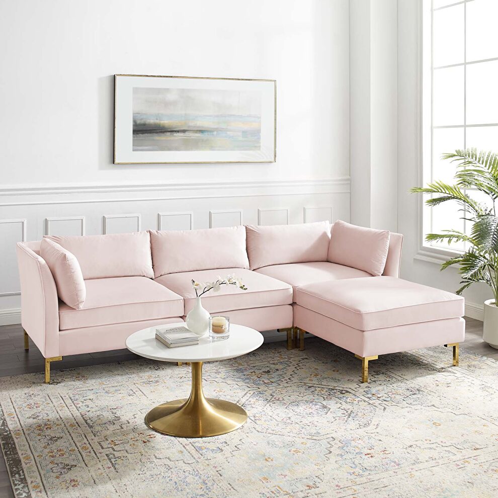 4-piece performance velvet sectional sofa in pink by Modway