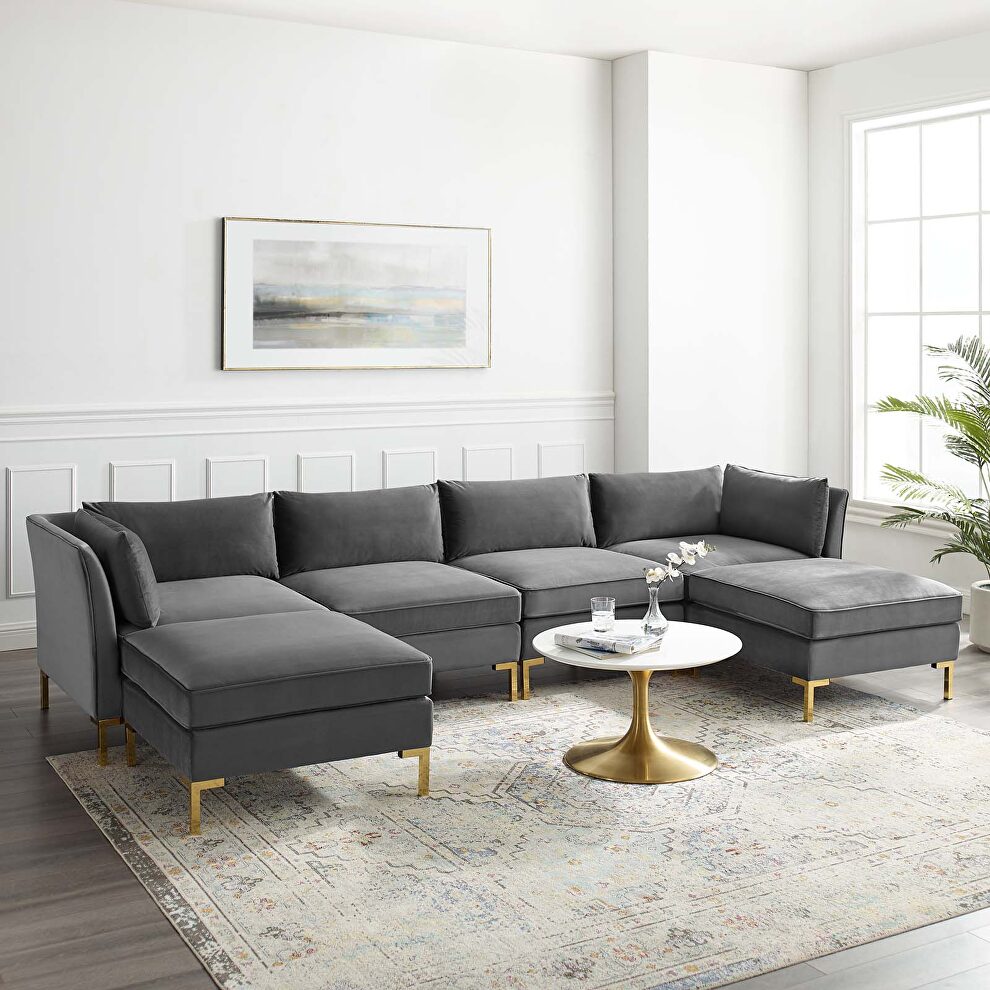 6-piece performance velvet sectional sofa in gray by Modway