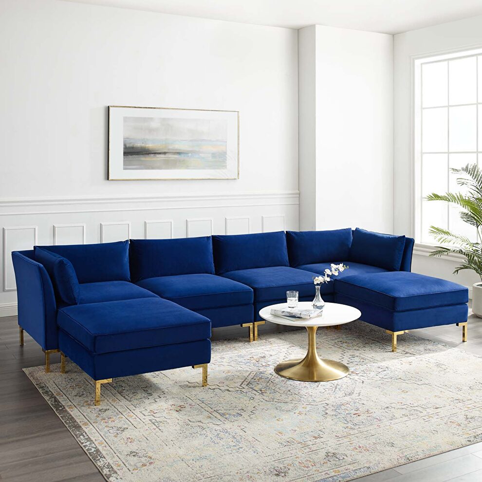 6-piece performance velvet sectional sofa in navy by Modway