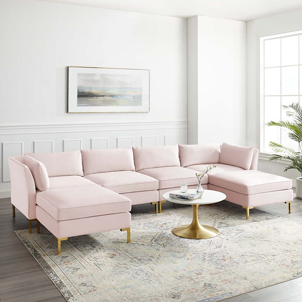 6-piece performance velvet sectional sofa in pink by Modway