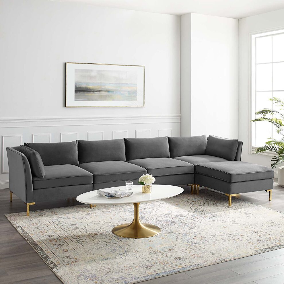 5-piece performance velvet sectional sofa in gray by Modway