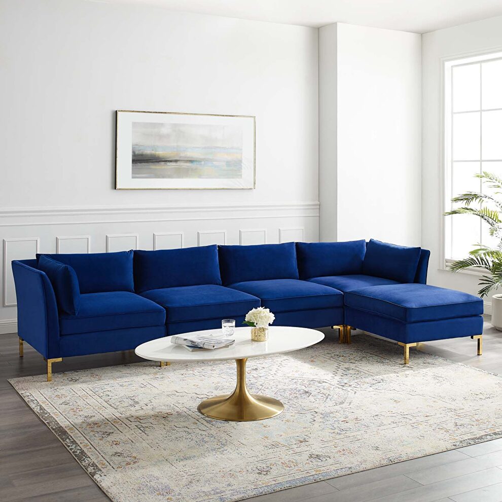 5-piece performance velvet sectional sofa in navy by Modway