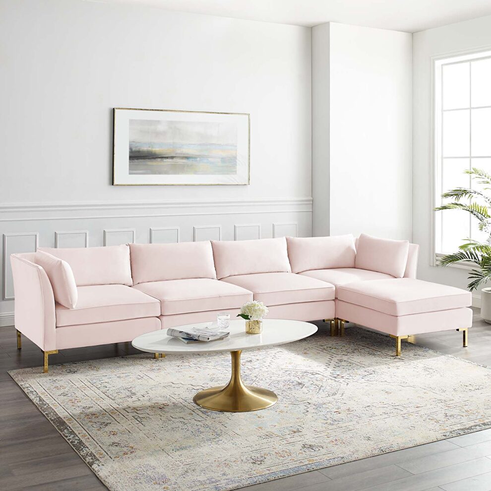 5-piece performance velvet sectional sofa in pink by Modway
