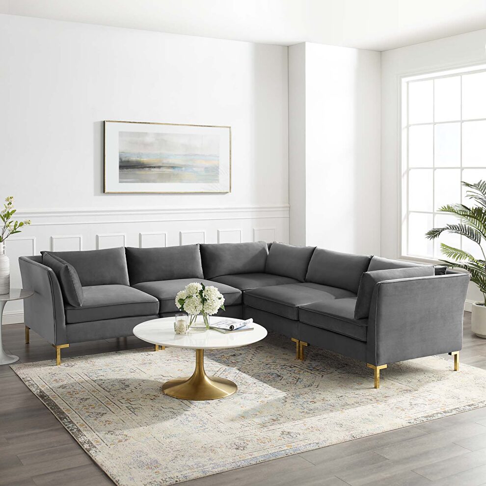 5-piece performance velvet sectional sofa in gray by Modway