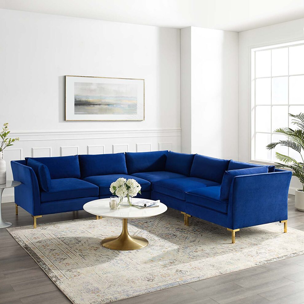 5-piece performance velvet sectional sofa in navy by Modway