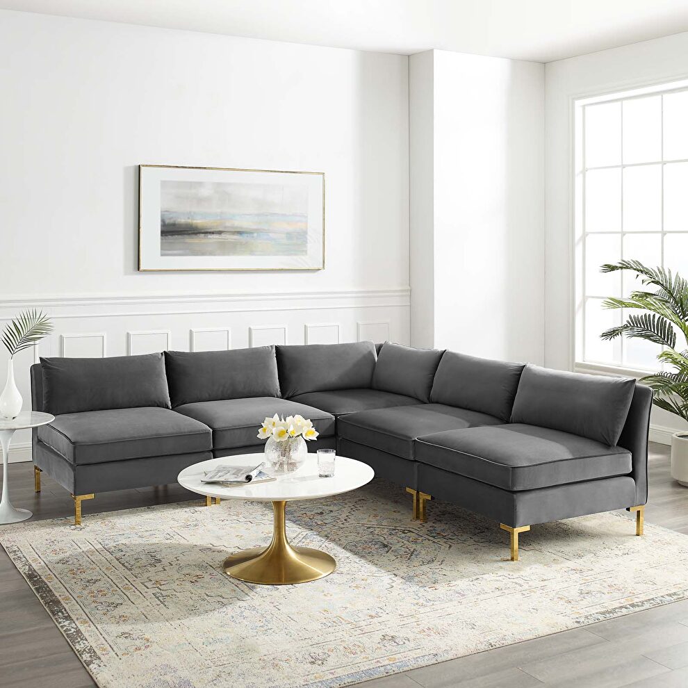 Performance velvet 5 piece sectional sofa in gray by Modway