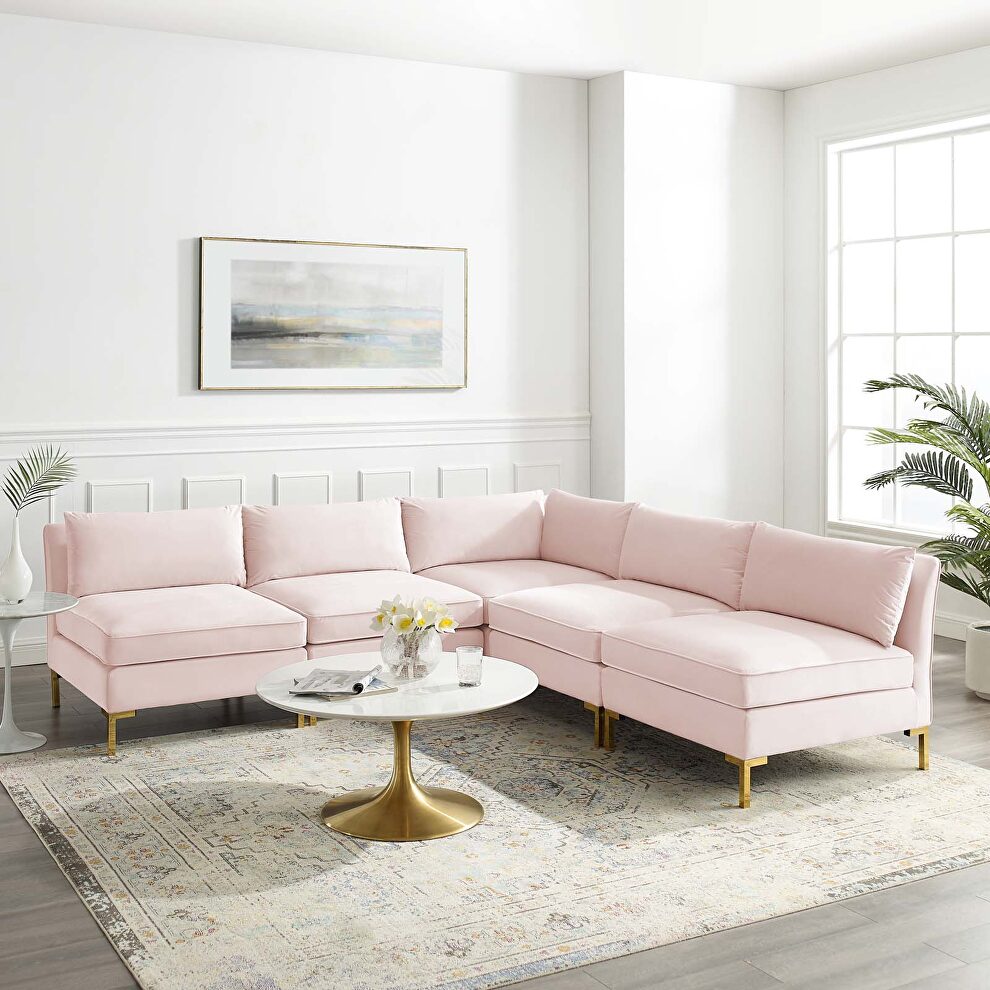 5-piece performance velvet sectional sofa in pink by Modway