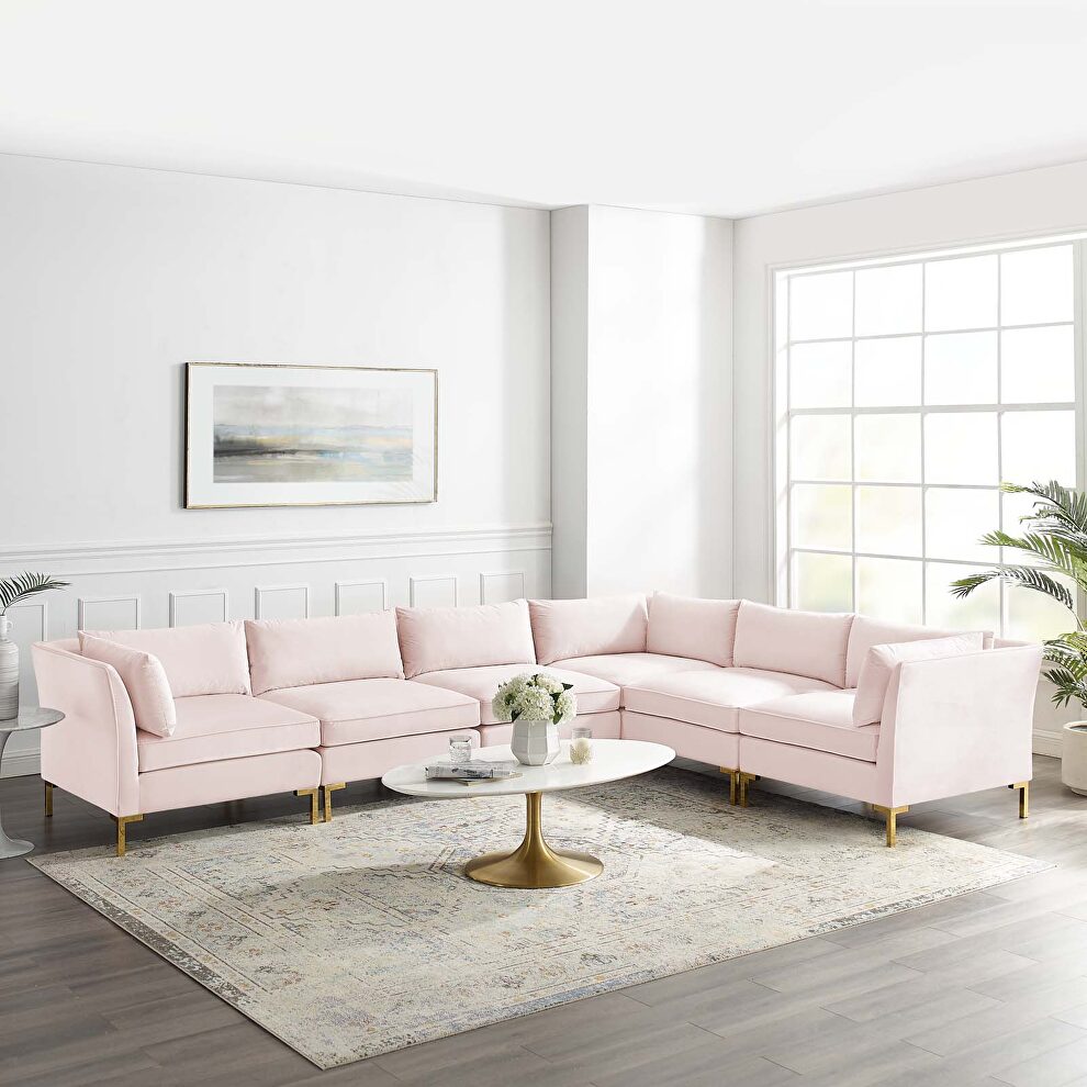 4-piece performance velvet sectional sofa in pink by Modway