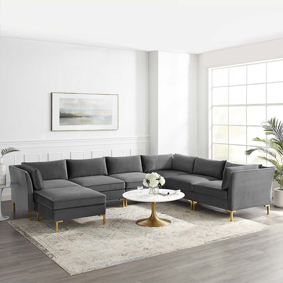 7-piece performance velvet sectional sofa in gray by Modway