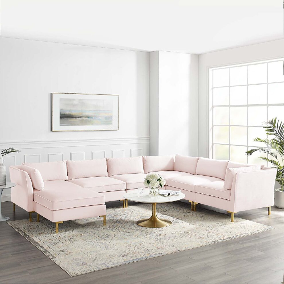 7-piece performance velvet sectional sofa in pink by Modway