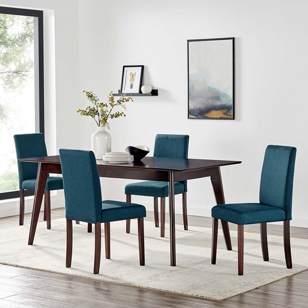 5 piece upholstered fabric dining set in cappuccino blue by Modway