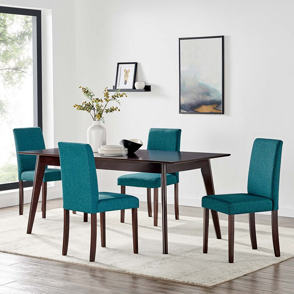 5 piece upholstered fabric dining set in cappuccino teal by Modway