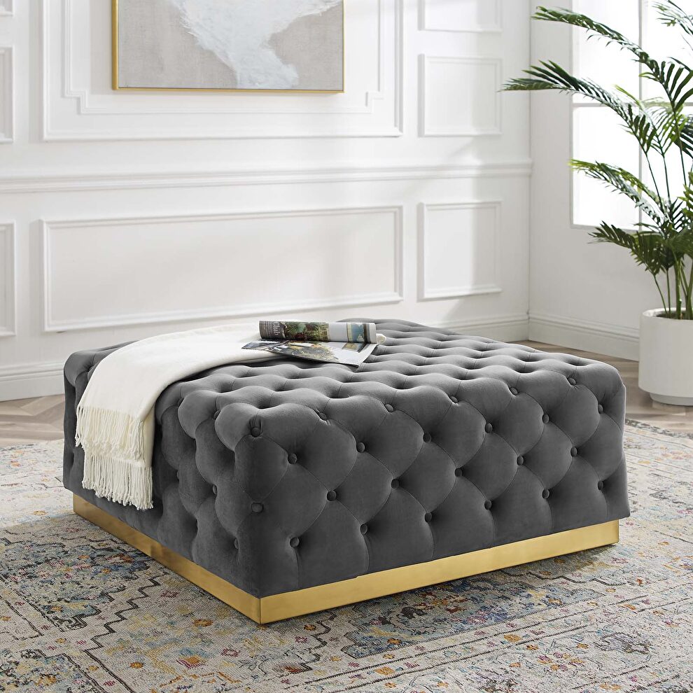 Tufted performance velvet square ottoman in gray by Modway