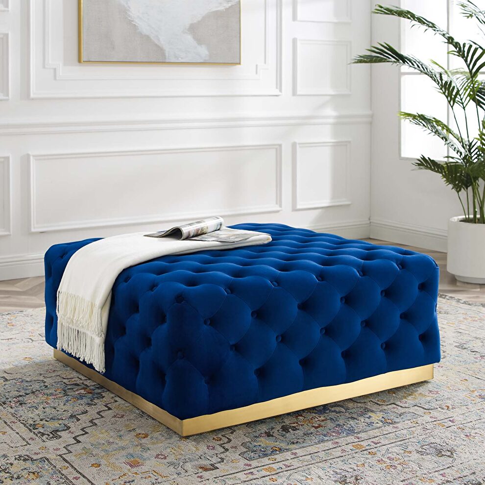 Tufted performance velvet square ottoman in navy by Modway