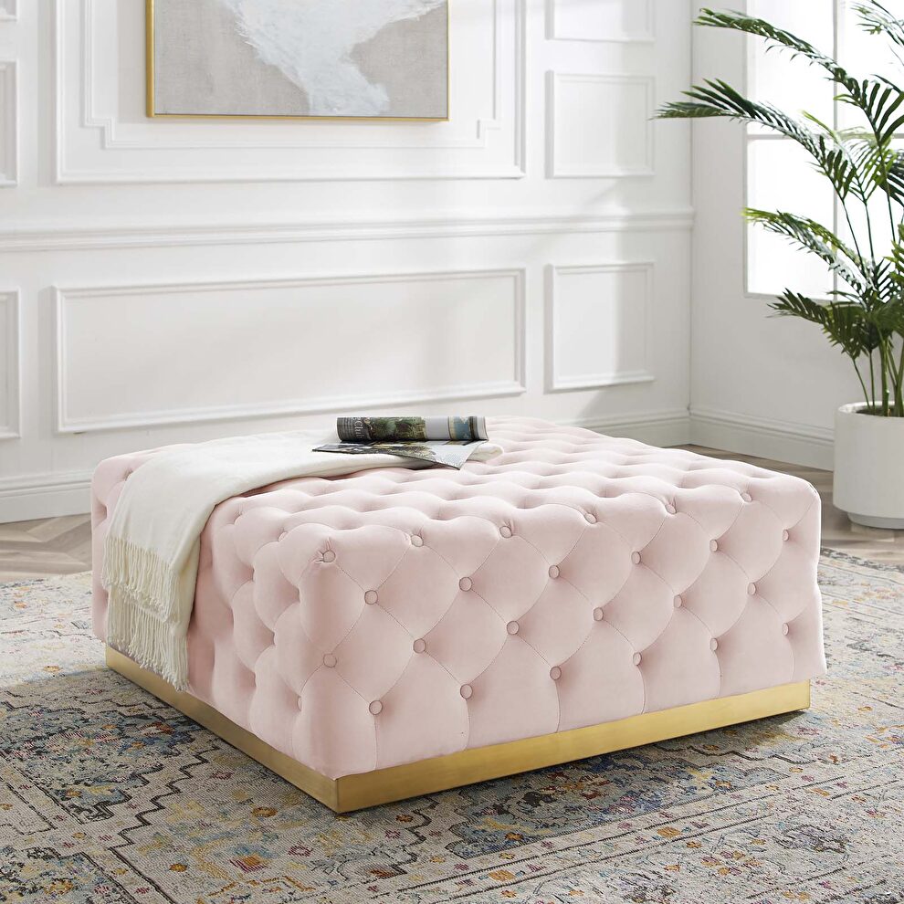 Tufted performance velvet square ottoman in pink by Modway