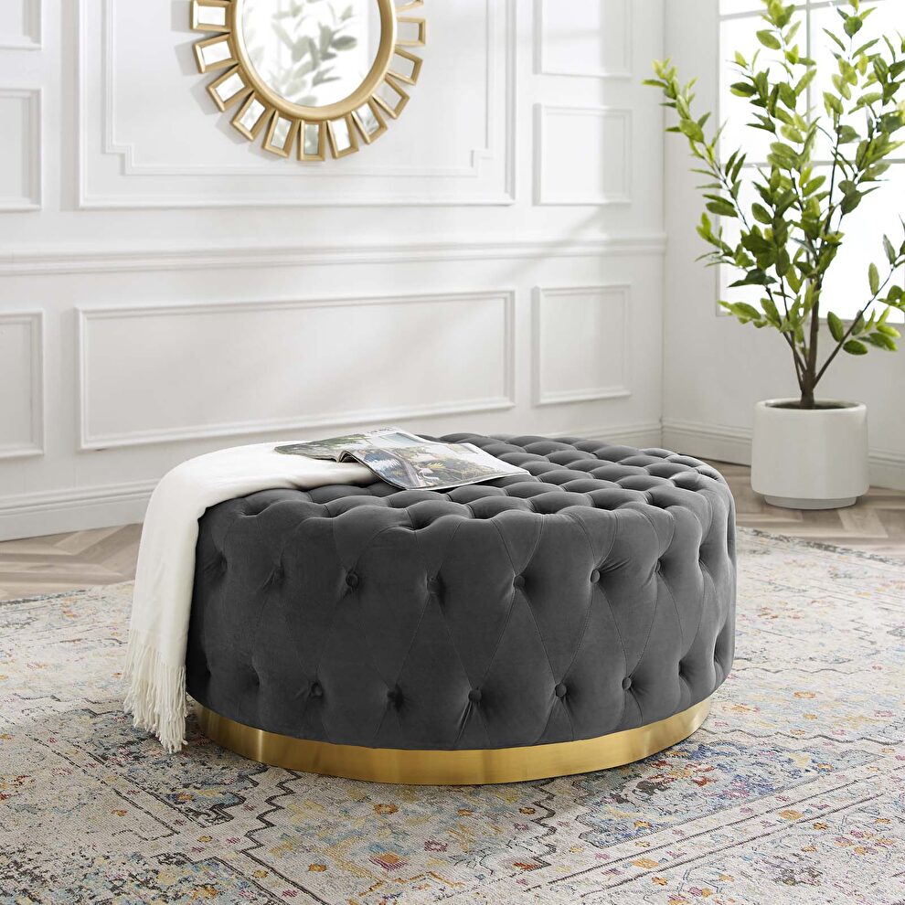 Tufted performance velvet round ottoman in gray by Modway
