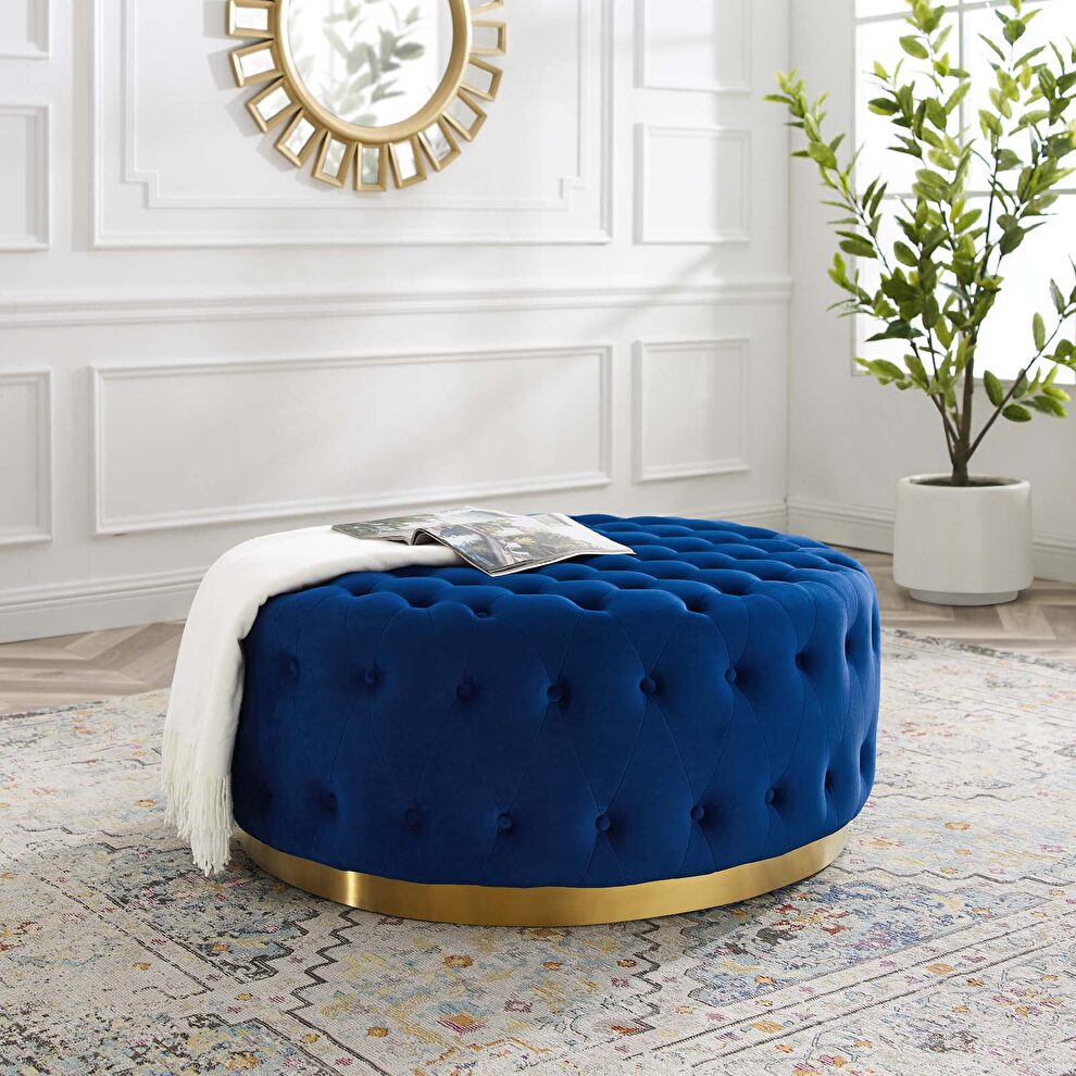 Tufted performance velvet round ottoman in navy by Modway