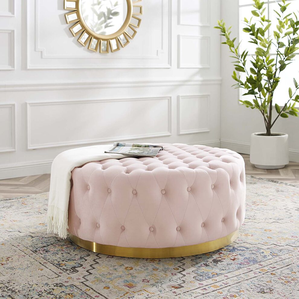 Tufted performance velvet round ottoman in pink by Modway