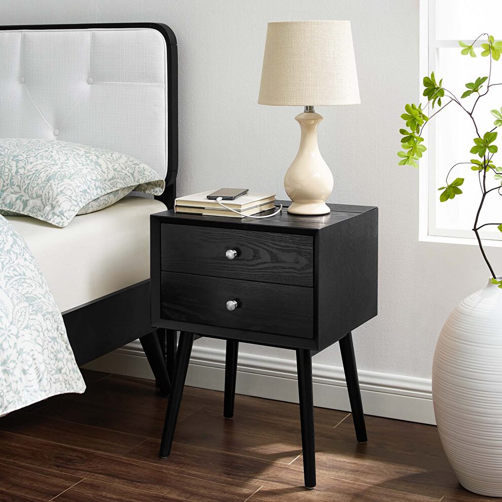 Wood nightstand with usb ports in black by Modway