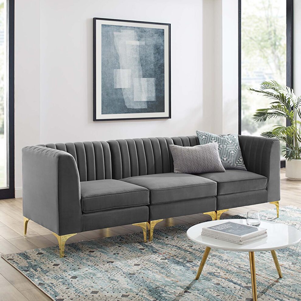 Channel tufted gray performance velvet 3pcs sectional sofa by Modway