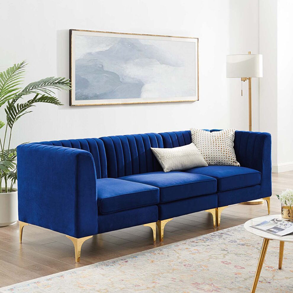 Channel tufted navy performance velvet 3pcs sectional sofa by Modway