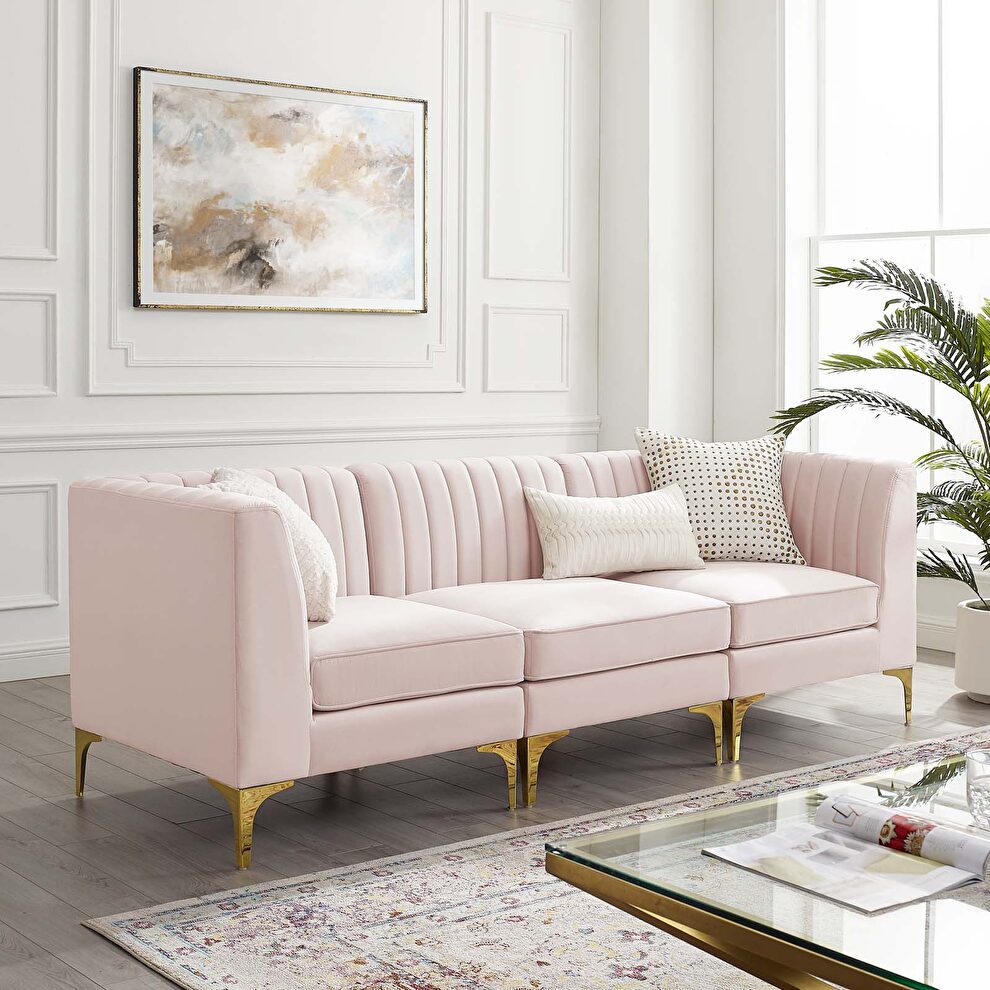 Channel tufted pink performance velvet 3pcs sectional sofa by Modway