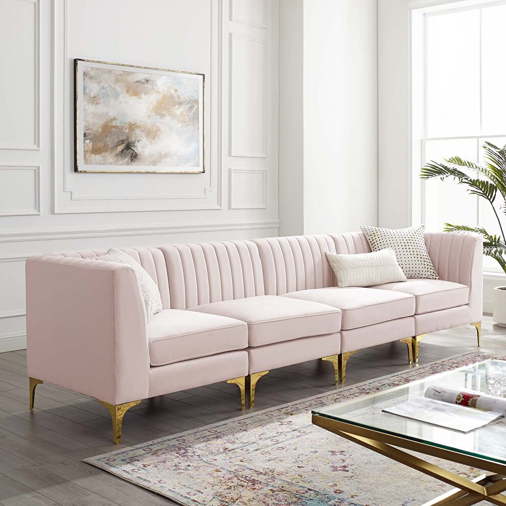 Channel tufted pink performance velvet 4pcs sectional sofa by Modway