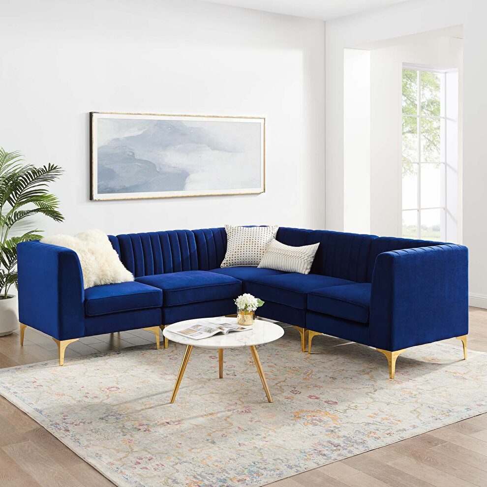 Channel tufted navy performance velvet 5pcs sectional sofa by Modway
