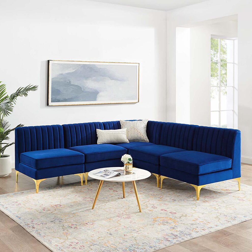 Channel tufted navy performance velvet 5pcs sectional sofa by Modway