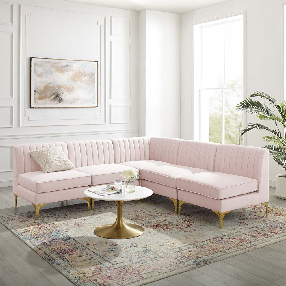 Channel tufted pink performance velvet 5pcs sectional sofa by Modway