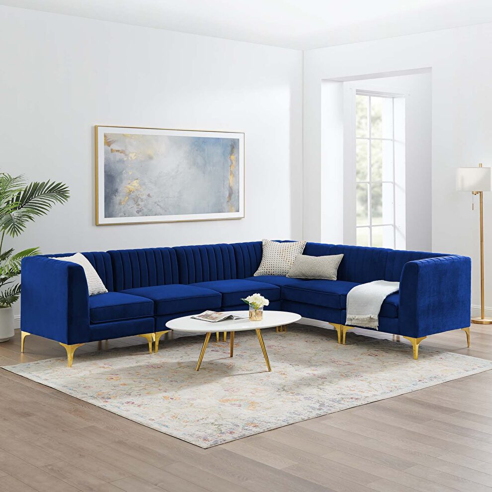 Channel tufted navy performance velvet 6pcs sectional sofa by Modway