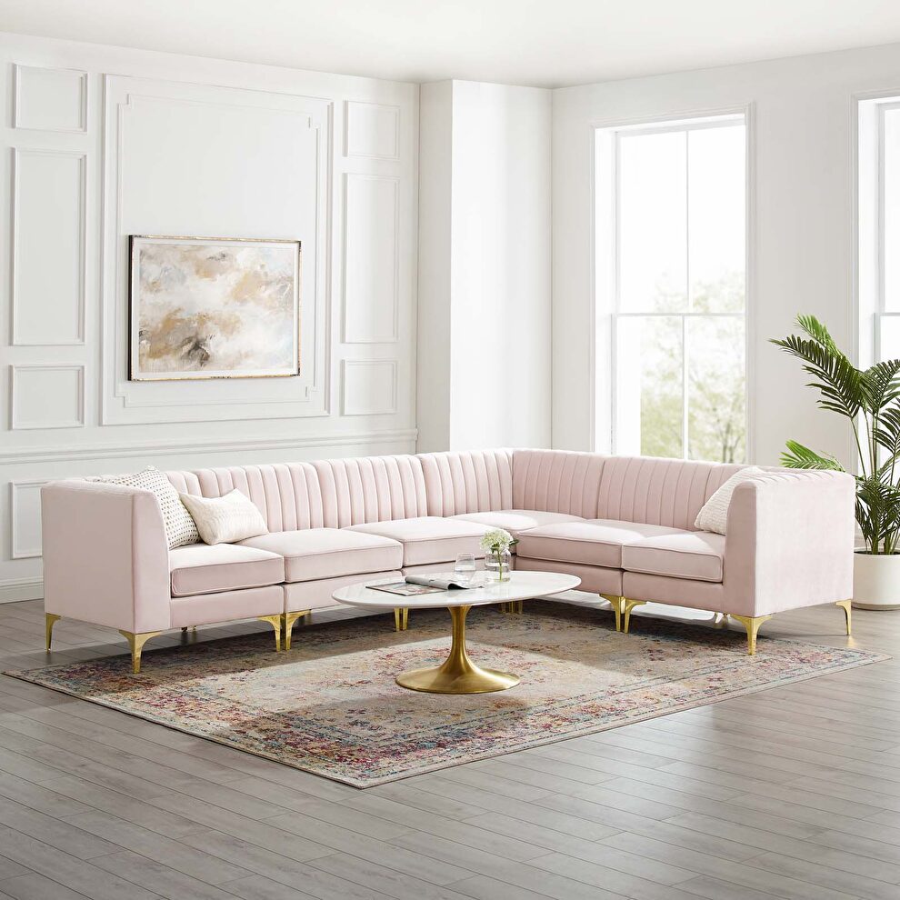 Channel tufted pink performance velvet 6pcs sectional sofa by Modway