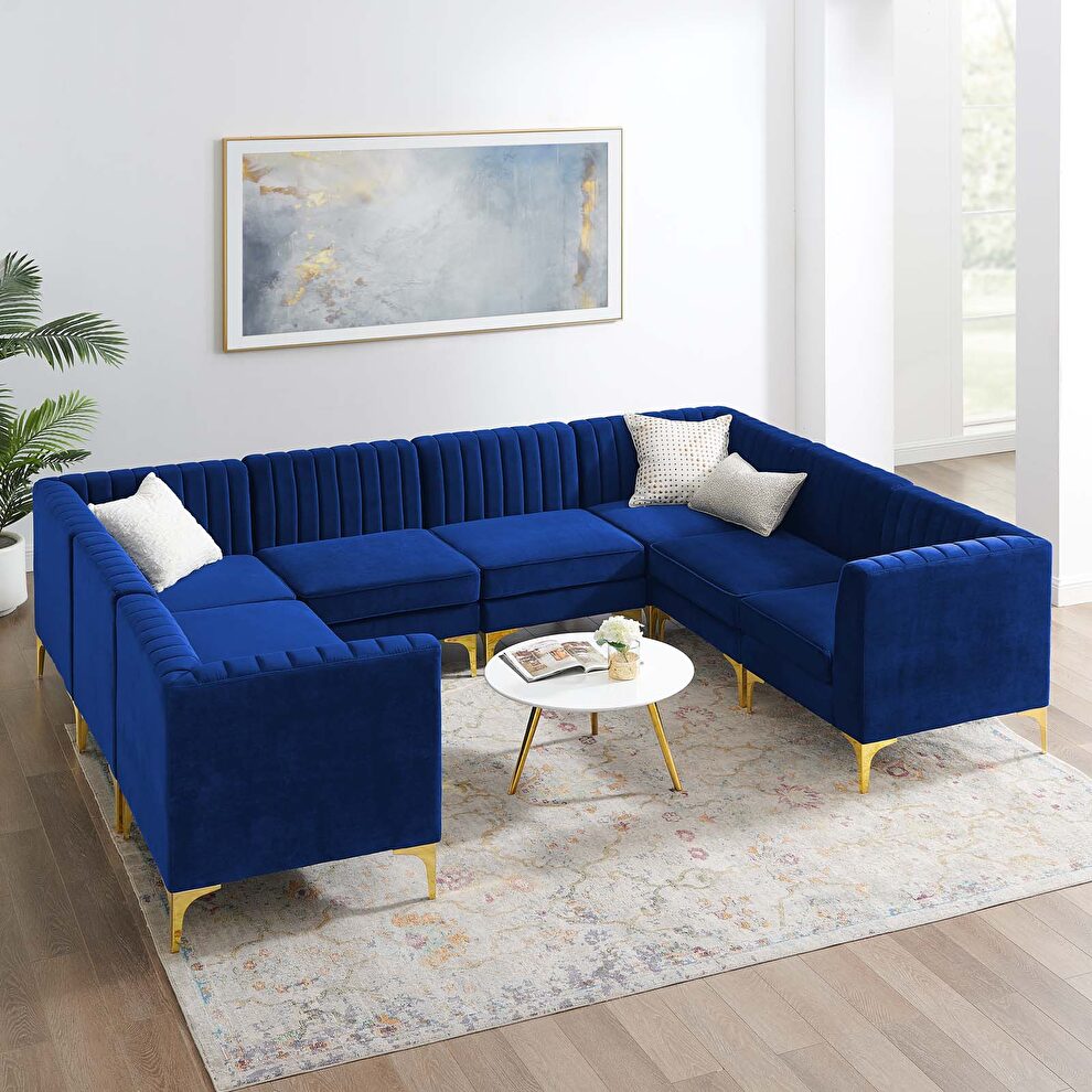 Channel tufted navy performance velvet 8pcs sectional sofa by Modway