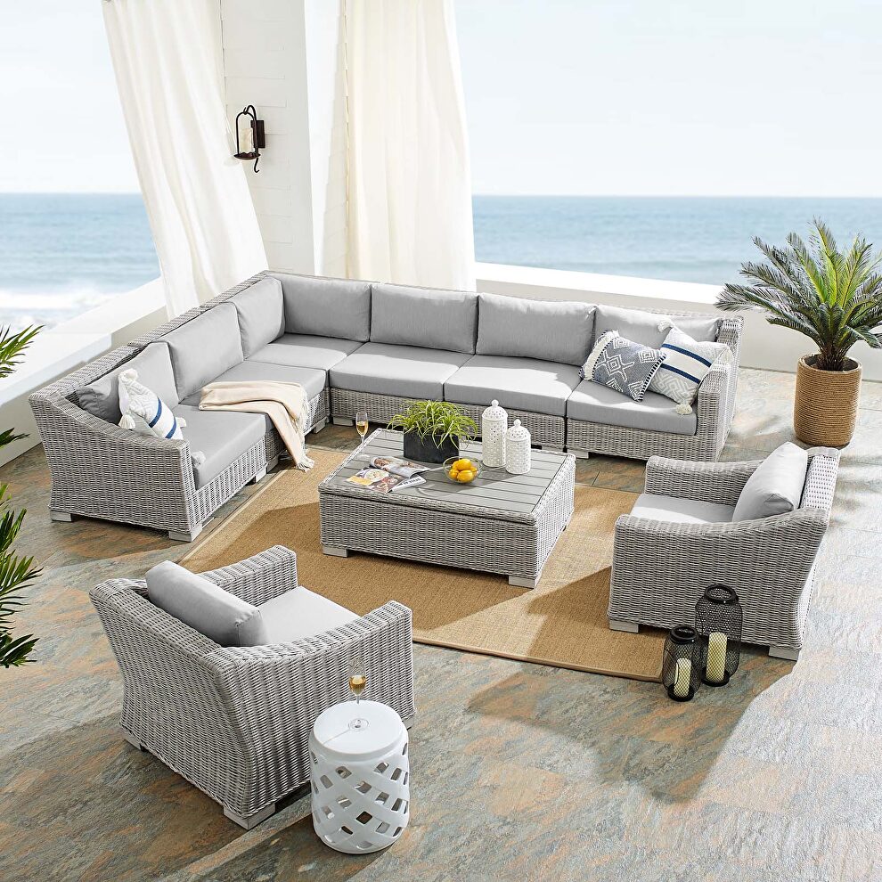 Sunbrella® outdoor patio wicker rattan 9-piece sectional sofa set in light gray/ gray by Modway