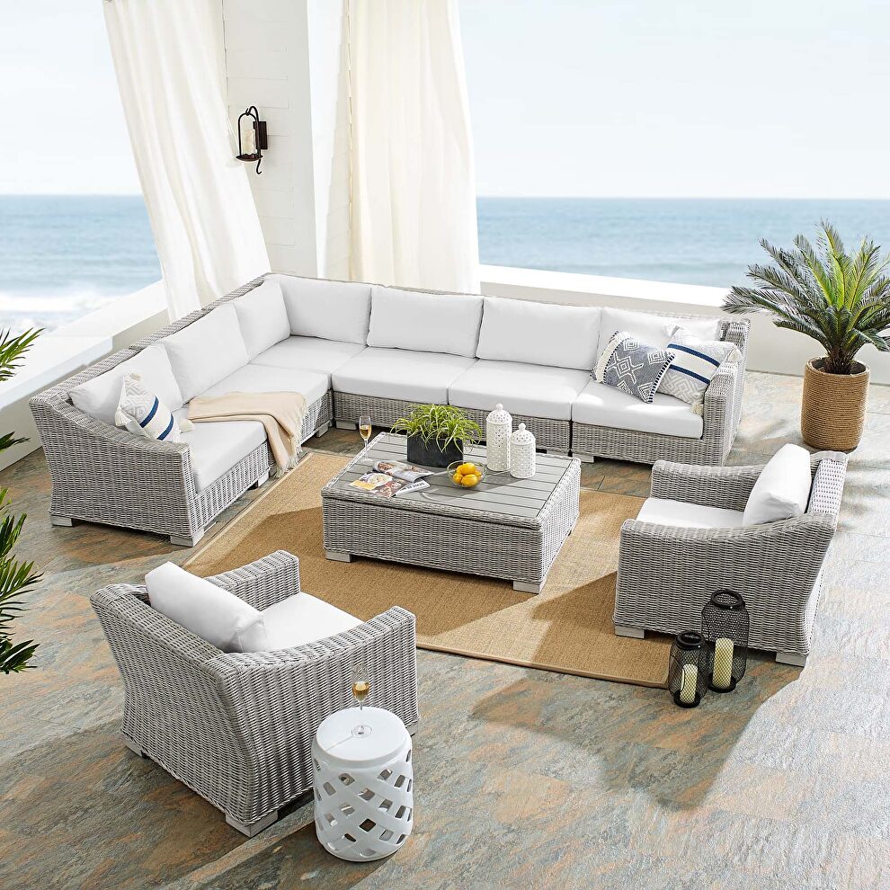 Sunbrella® outdoor patio wicker rattan 9-piece sectional sofa set in light gray/ white by Modway