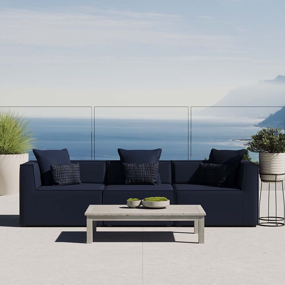 Outdoor patio upholstered 3-piece sectional sofa in navy by Modway