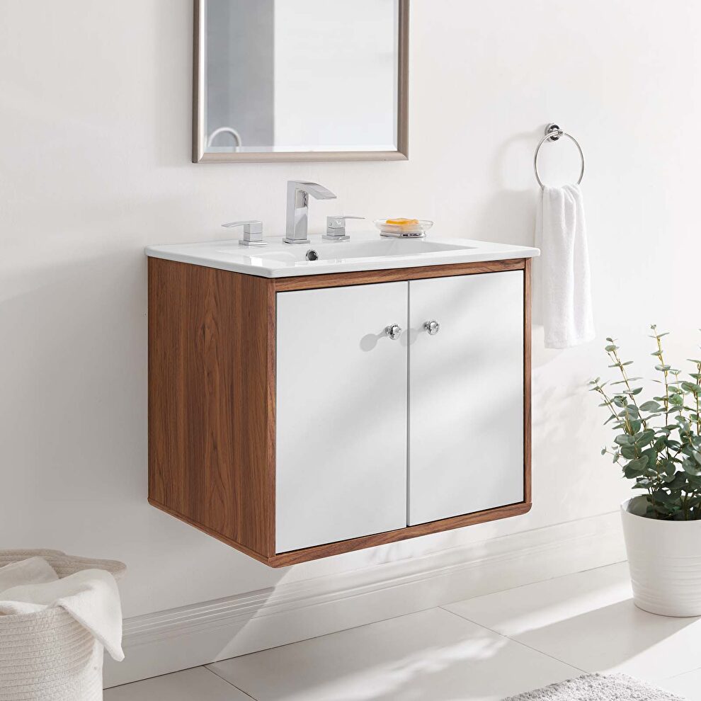 Wall-mount bathroom vanity in walnut white by Modway