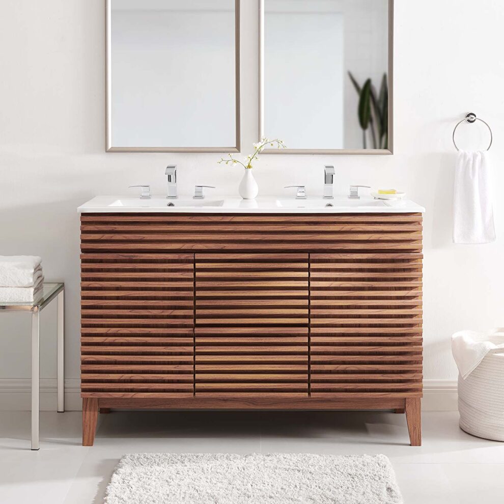 Double sink bathroom vanity in walnut white by Modway