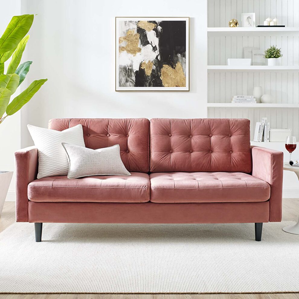 Dusty rose tufted velvet couch in casual style by Modway