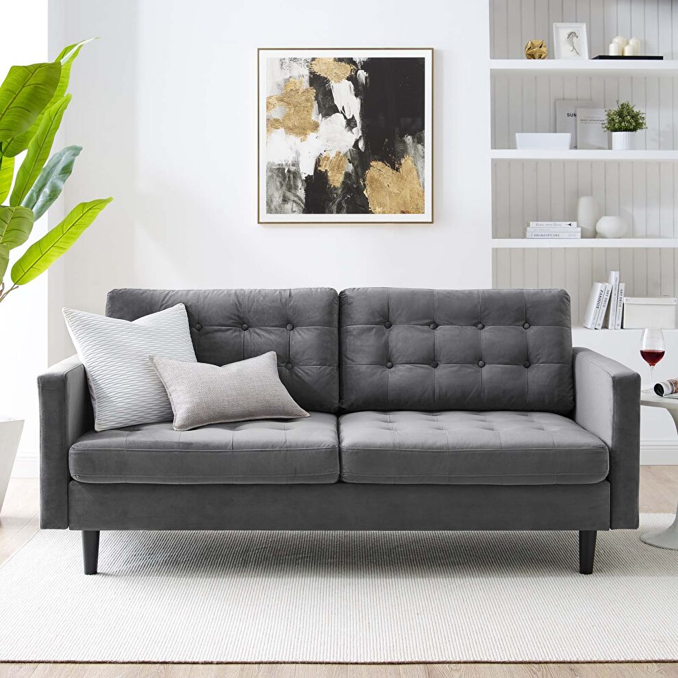 Tufted performance velvet sofa in gray by Modway