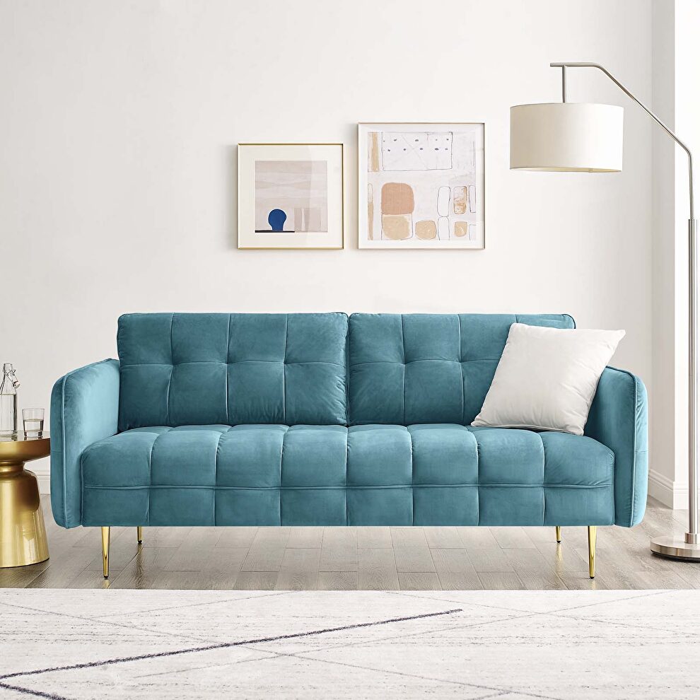 Tufted performance velvet sofa in sea blue by Modway