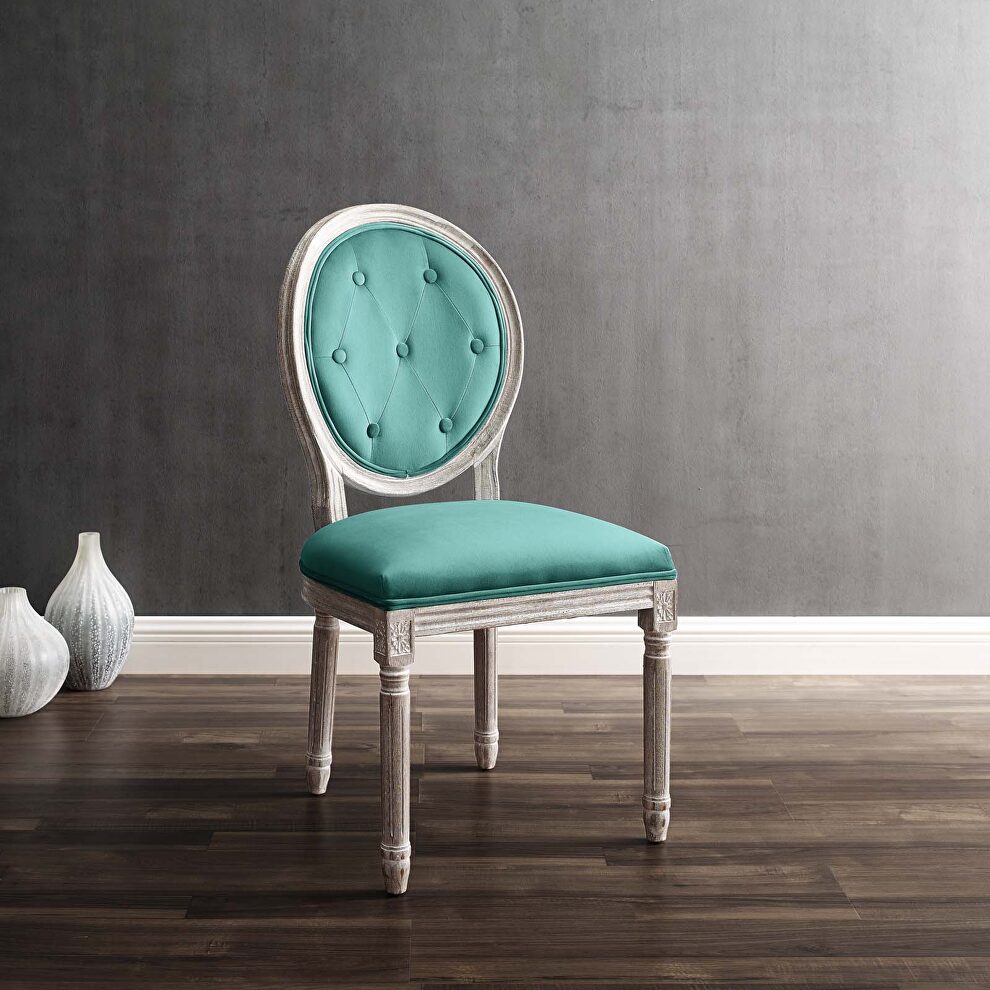 Vintage french performance velvet dining side chair in natural teal by Modway